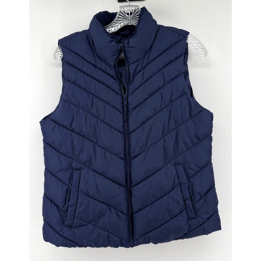 Gap Navy Blue Chevron Puffer Vest Womens Medium Fleece Lined Full Zip Quilted